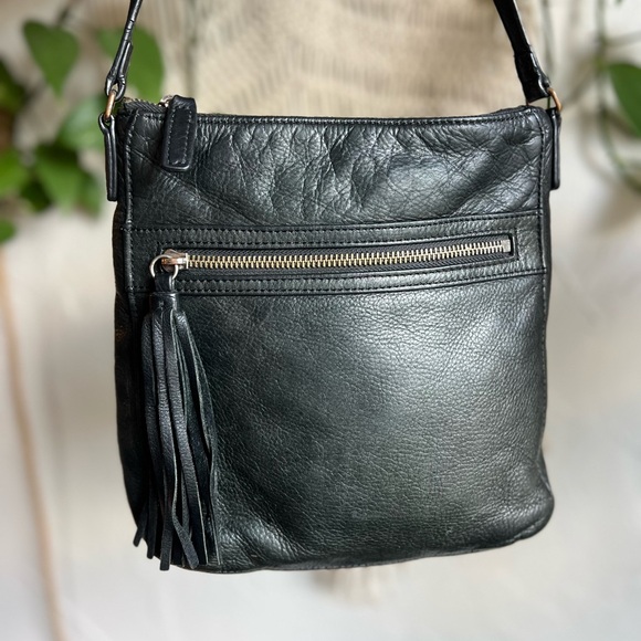 margot Handbags - Margot Genuine Leather Black Crossbody Bag Tassel Zip Pebbled Medium